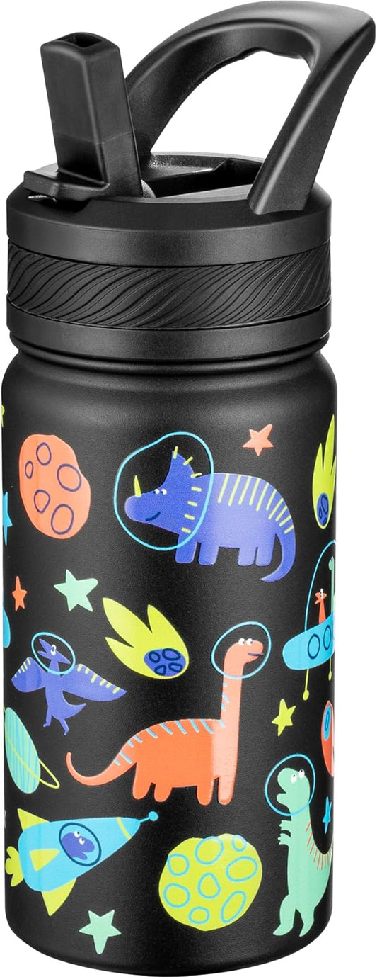 Fanhaw 14 Oz Kids Insulated Water Bottle with Straw - Stainless Steel Double Wall Vacuum Cup, Leakproof, BPA Free, Suitable for Boys and Girls(Black - Space Dinasour)