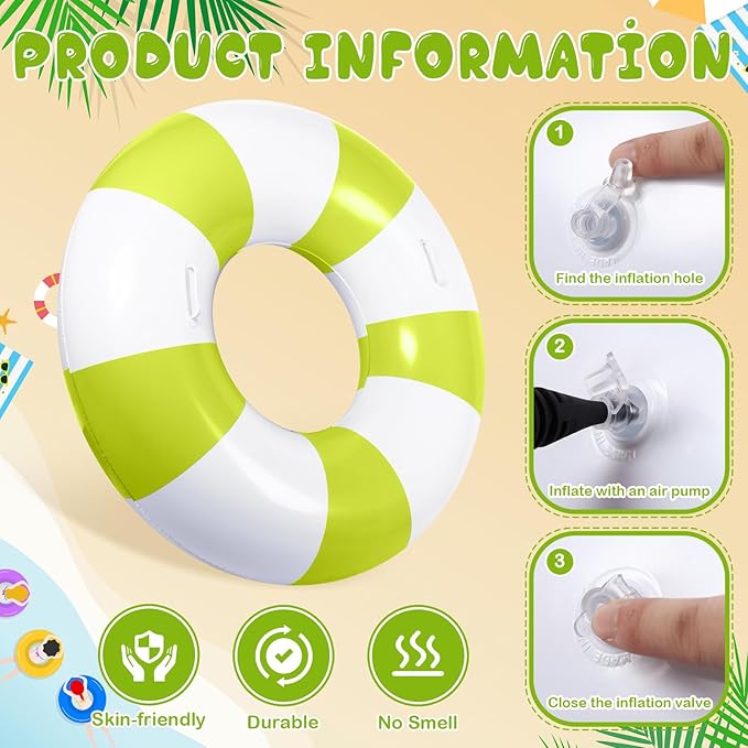 3 Pcs Large Swim Ring with Handles Set 47.24" 39.37" 35.43" Inflatable Pool Inner Tube Classic Striped Pool Ring Floats for Adults Teens Summer Lounger Beach Party Supplies