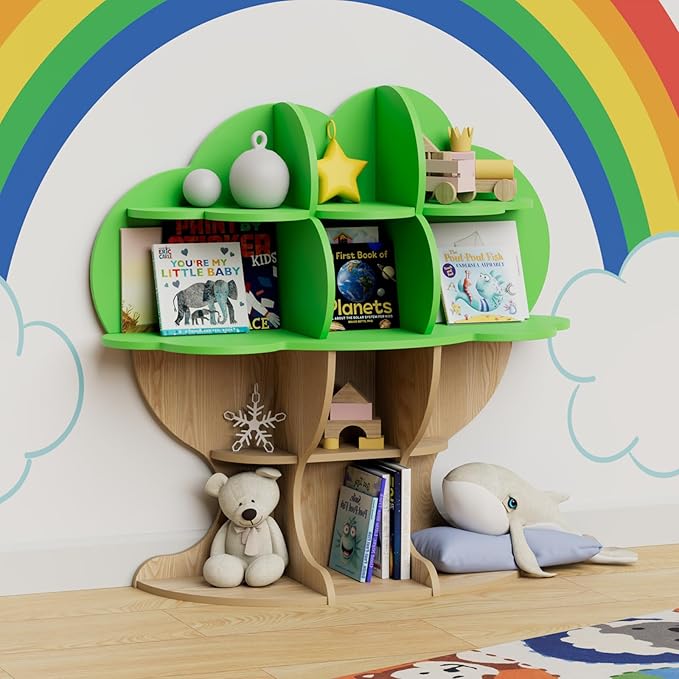 Light Green Tree Kids Bookshelf Toddler Bookcase 4-Tier Baby Book Rack Children Toy Storage Organizer Forest Wood Display Shelf Nursery Playroom Bedroom Classroom School Homeschooling Boy Girl’s Gift