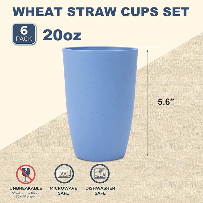 Wheat Straw Cups 6 PCS Good Alternative to Plastic Reusable Cups 20 oz Unbreakable Drinking Cup Reusable Dishwasher Safe Water Plastic Glasses Sky Blue