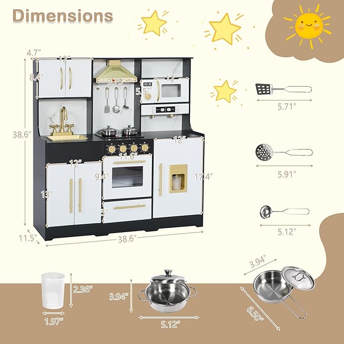 Kids Kitchen Playset, Wooden Play Kitchen with Toy Storage System, Pretend Play Kitchen Set Toy with Range Hood, Ice Maker & Coffee Maker, for Kids Ages 3+, Black