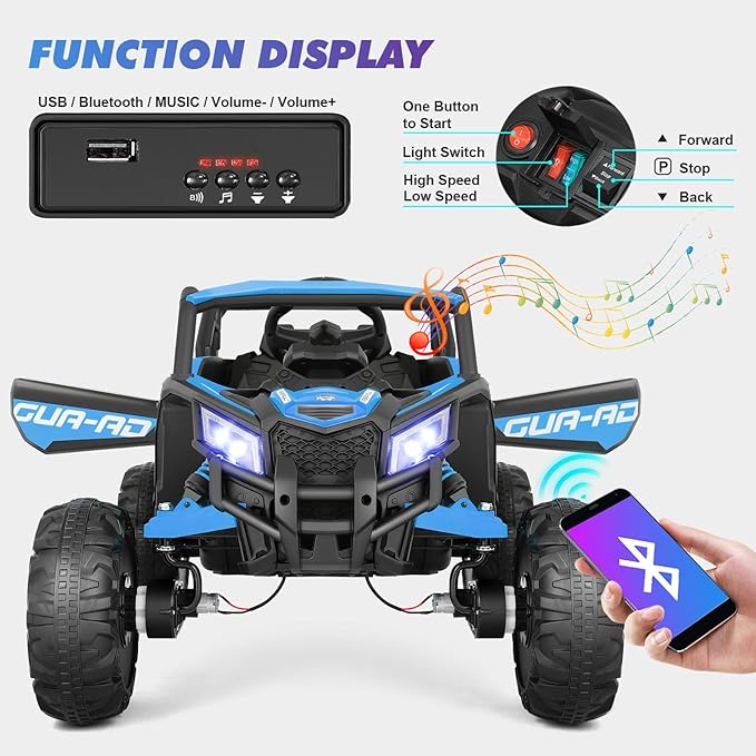 JOYLDIAS 4WD Ride On Car, 12V Battery Powered Electric Off-Road UTV for Kids, 4X4 Electric Vehicle with 4 Powerful Engines, 2.4G Remote Control, Music, Bluetooth, LED Lights for Boys and Girls, Blue