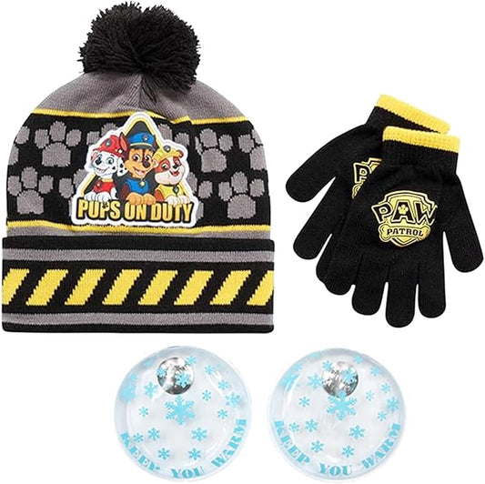 Nicklelodeon Paw Patrol Boy's Winter Hat and 2 Pair of Gloves or Mittens Set (Age 2-7) Size Age 4-7, Paw Patrol Black Glove with Handwarmers