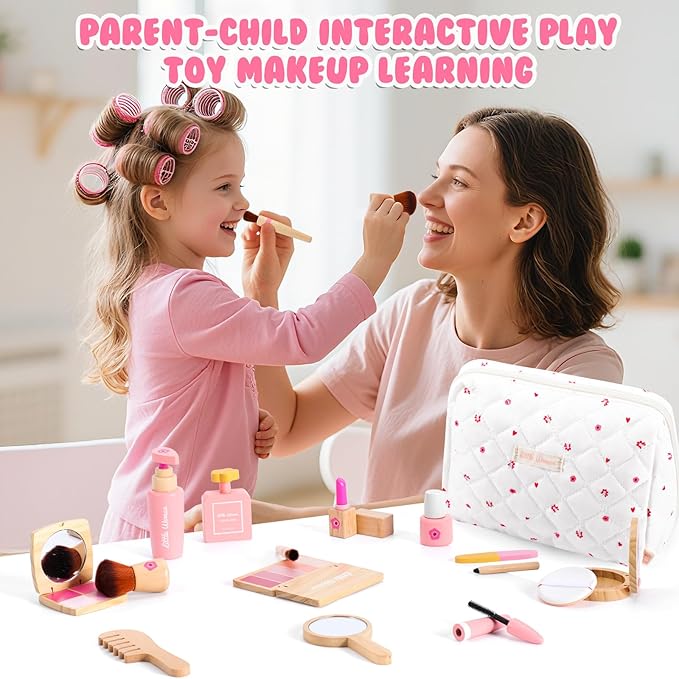 Wooden Makeup Toy Set for Girls: Pretend Makeup Play Set for Toddlers 3-5 - Kids Makeup Set with Eyeshadow/ Mascara/ Mirror/ Bag - Gifts Toys for 3 4 5 6 7 8 Years Old Kids Children