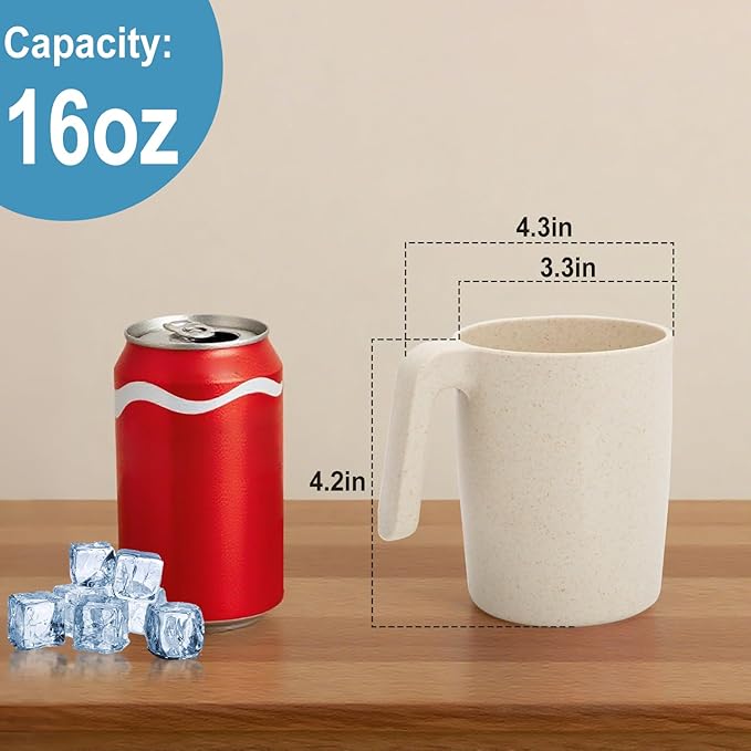 Coffee Mugs Set of 6, Wheat Straw Cups 16 oz, Resuable Plastic Mugs With Handle, Unbreakable Kids Mugs, Dishwasher and Microwave safe Coffee Cups for Tea, Camping & Kitchen (Beige)