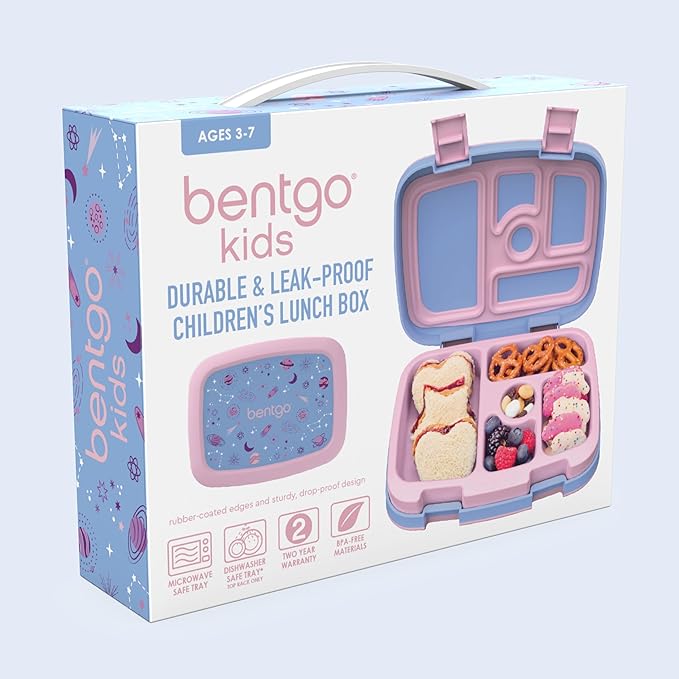 Bentgo Kids Prints Leak-Proof, 5-Compartment Bento-Style Kids Lunch Box - Ideal Portion Sizes for Ages 3-7, Durable, Drop-Proof, Dishwasher Safe, & PFAS & BPA-Free Materials (Lavender Galaxy)