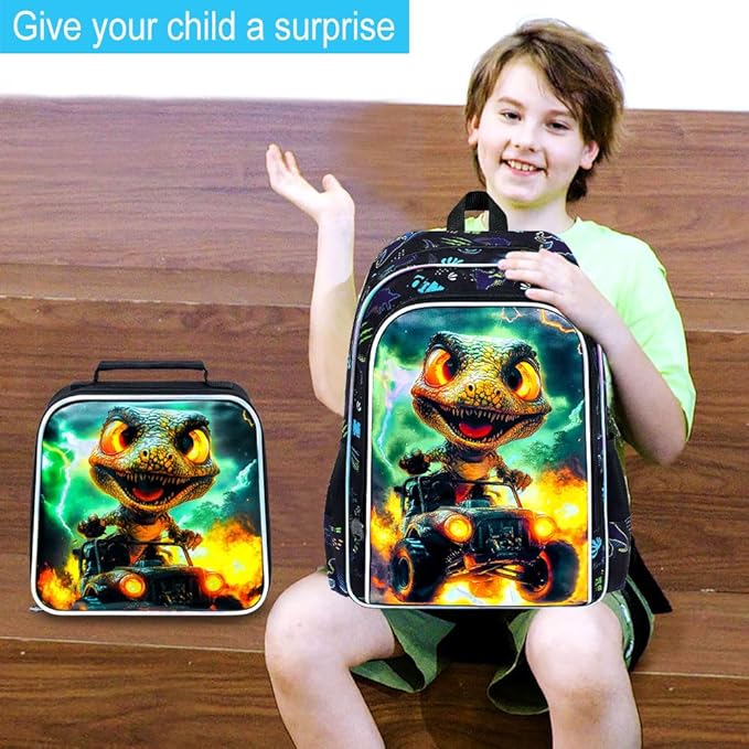16" Dinosaur Backpack for Boy, 3Pcs Truck Bookbag with Lunch Box, Kids School Backpacks for Elementary Preschool Kindergarten (Black)