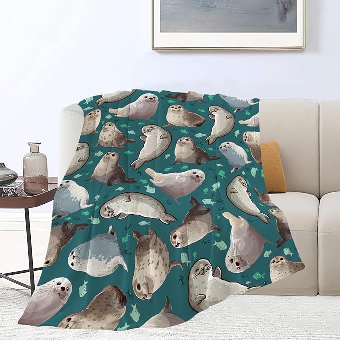 Seal Throw Blanket Ocean Seal Stuff Gifts for Kids Girls Boys Adults Women Men Soft Cozy Warm Plush Fluffy Fuzzy Fleece Blanket Decor 50''X60''