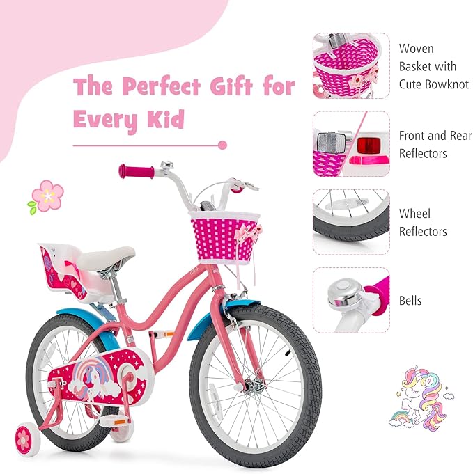 BABY JOY Kids Bike, 12 14 16 18 Inch Children Bicycle w/Detachable Training Wheels, Storage Basket, Adjustable Seat & Handlebar, Bow or Streamer, Girls Bike for 3-8 Years Old