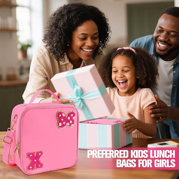 Preppy Initial Bow Mouse Lunch Bag, Kids Insulated Lunch Box Gifts for Teen Girls Daughter, Reusable Soft Lunch Containers Crossbody Cooler Bag Must Haves for Park Travel School Work Picnic Pink X