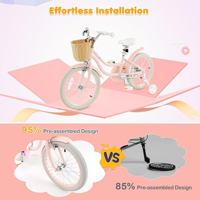 BABY JOY Kids Bike, 14 16 18 Inch Retro Kids Bicycles for 3-8 Years Old Children with Training Wheels, Adjustable Height, Rattan Basket, Handbrake & Coaster Brake, Boys Girls Bike (Pink, Green, Blue)