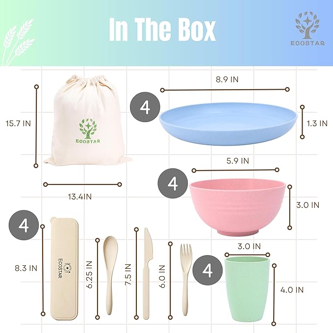 ECOSTAR Wheat Straw Dinnerware Sets Unbreakable Plates Bowls and Cups Reusable Utensils Dishwasher Microwave Safe Bowls and Plates Sets (Classic)