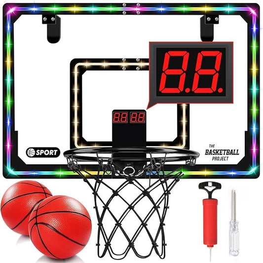 NZQXJXZ Extra Large 26" x 17" Pro Indoor Basketball Hoop Over The Door with LED Lighting Electronic Scoreboard, Mini Basketball Hoop for Kids, for Boys Girls Teens Adults W&B