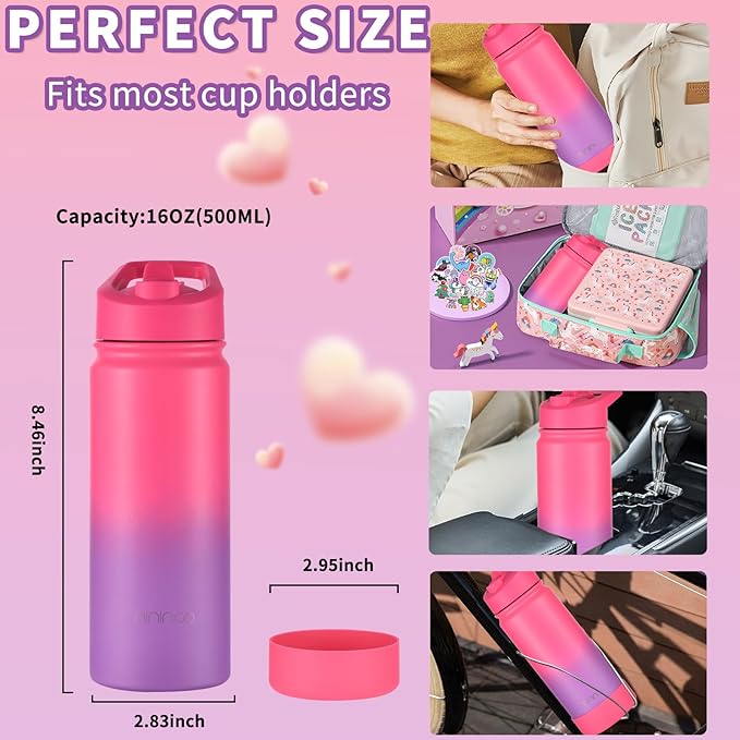 Mininoo Kids Water Bottle, Girls Water Bottle for School, 16oz Metal Stainless Steel Water Bottle Kids with Straw Lid（Punch/Purple）