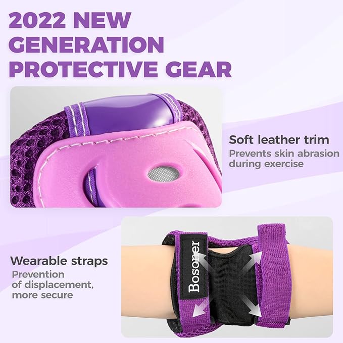 BOSONER Knee Pads for Kids Roller-Skating: Adjustable Protective Gear Set Knee Elbow Pads Wrist Guards for Bike Cycling Skateboarding Scooter Gifts 3-8/9-15 Years Boys Girls