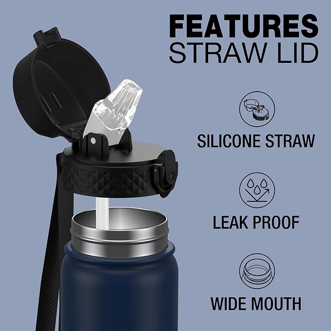 Kids Water Bottle, GOPPUS 18 Oz Stainless Steel Travel Bottle, Double Wall Vacuum Leak Proof Kids Cup for School Boys Girls, Navy Blue