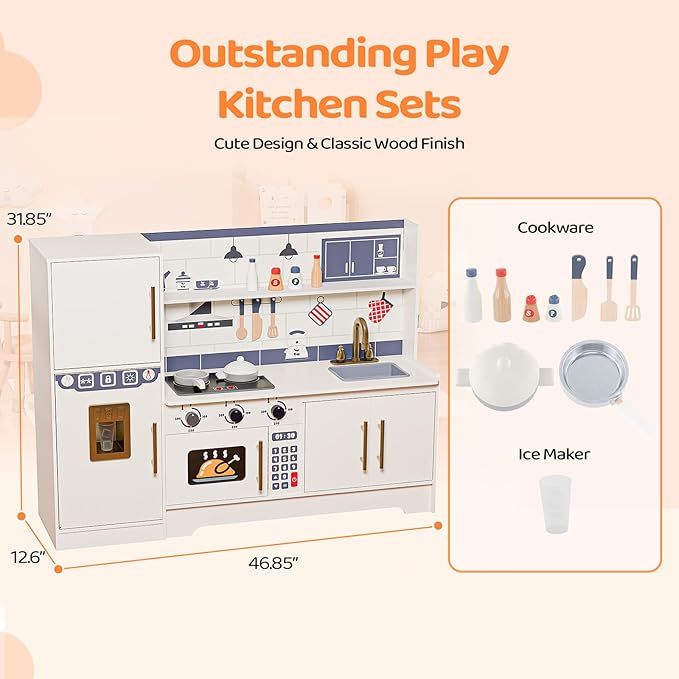 JOYMOR Kids Wooden Play Kitchen Sets, New Modern Children's Wooden Toy Kitchen w/Refrigerators & Ample Play Kitchen Accessories, Ideal Pretend Playset Gift for Toddlers