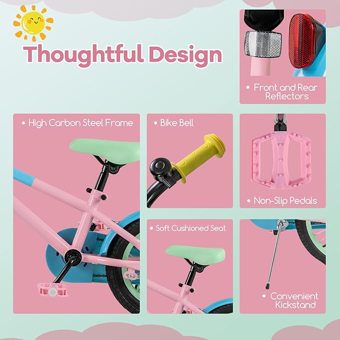 BABY JOY Colorful Macarons Kids Bike, 12 14 16 18 Inch Sporty Children's Bicycle with Training Wheels, Adjustable Handlebar & Saddle, Handbrake & Coaster Brake, Boys Girls Bike for 3-8 Years Old