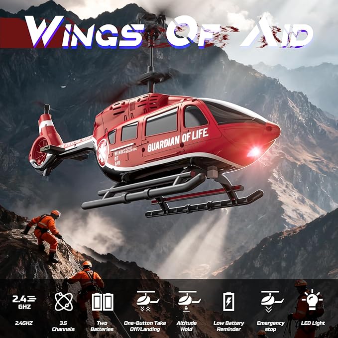 DEERC Remote Control Helicopter, Rescue RC Helicopter Toy with LED Lights, 2 Batteries, Altitude Hold & 2.4GHz Stable Control, Realistic Rescue Design, Ideal Gift for Kids and Adults