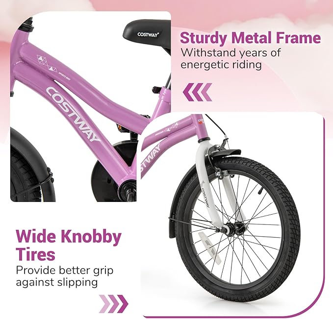 COSTWAY 12/14/16/18 Inch Kids Bike, Children Toddler Bicycle with Training Wheels, Adjustable Seat & Handlebar, Handbrake & Coaster Brake, Reflectors, Bell, Suitable for 3-8 Years Old Boys Girls