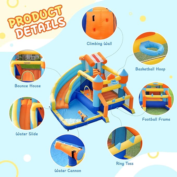 Bounce House, Inflatable Bounce House with Water Slide for Kids Indoor & Outdoor, Bouncy Castle with Football Frame, Water Cannon, Basketball Hoop & Ring Toss, Water Slides for Kids Backyard