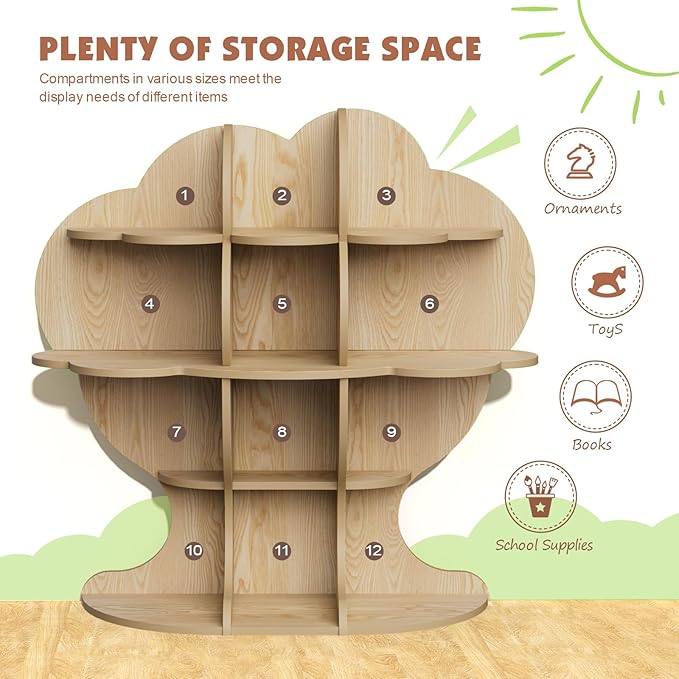 Natural Wood Tree Kids Bookshelf Toddler Bookcase 4-Tier Baby Book Rack Children Toy Storage Organizer Forest Wood Display Shelf Nursery Playroom Bedroom Classroom School Homeschooling Boy Girl’s Gift