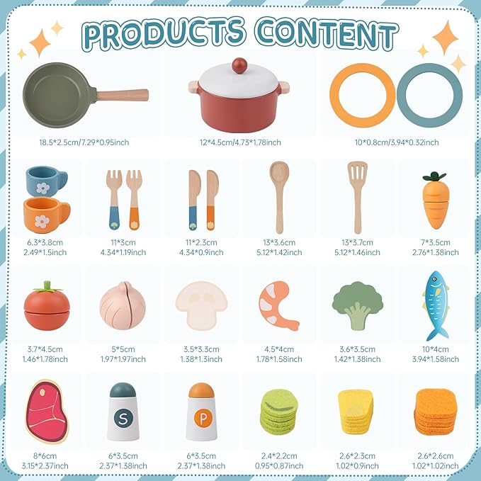 Wooden Play Kitchen Accessories - Pretend Play Food for Toddlers with Dishes Pots & Pans for 3 Year Old, Cutting Fruits Vegetables Toys Birthday Xmas Stocking Stuffers Gifts for Boys Girls 4 5 6