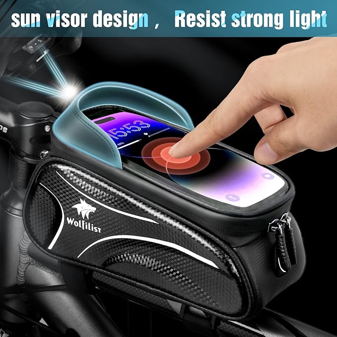 Bike Bag - Waterproof Bike Frame Bag with Sun-Visor Rain Cover, Bike Phone Holder with TPU Sensitive Touch Screen, Handlebar Bag Bicycle Accessories, Large Capacity Suitable Phone Under 7"