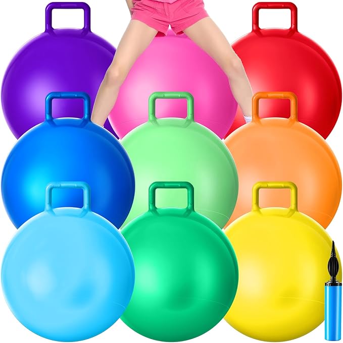 Meooeck 9 Pcs Hopper Ball 20 Inch Outdoor Bouncy Balls with Handles and Air Pump Jumping Hopping Ball for Sports Exercise(Multicolor)