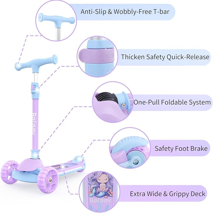 BELEEV A9 Kids Scooter with LED Light-Up Wheels & Deck, 3 Wheel Folding Scooter for Toddlers Girls Boys Ages 3-12, Adjustable Handlebar, Lean to Steer, Extra-Wide Wheels, Kick Scooter for Children