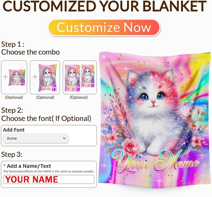 Personalized Blanket for Girls, Cat Throw Blanket Gift for Kids Teens Cats Lovers, Custom 80"x60" Soft Cozy Flannel Blankets for Couch Sofa Bed Bedroom Decor