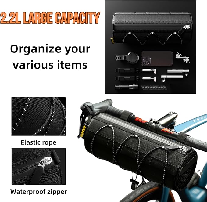 Bike Handlebar Bag,2.2L bike Front Bag with Shoulder Strap Bicycle Accessories Waterproof Handy Bicycle Barrel Bags Frame Storage Roll Bag for cycling Black