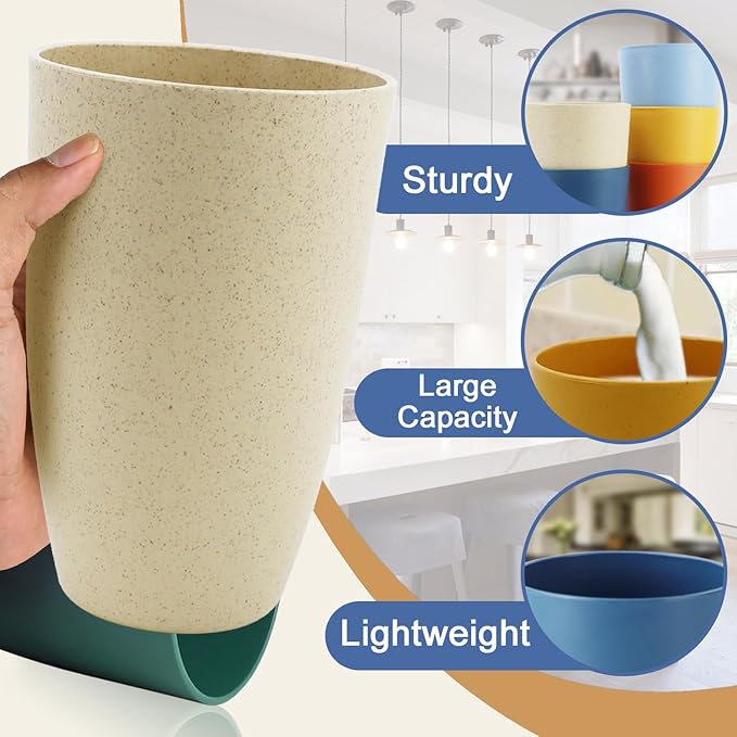 Wheat Straw Cups 20 OZ Large Capacity Set of 6, Unbreakable Drinking Cups Reusable, Alternative to Plastic Cups Reusable, Dishwasher Safe Water Tumblers (Multicolor)