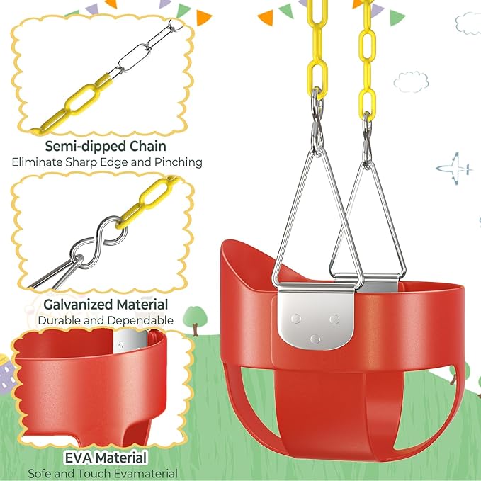 AGPTEK High Back Full Bucket Toddler Swing Seat Infant Swing with Yellow Coated Swing Chains and Carabiners Baby Swing Outdoor for Easy Install(Red)