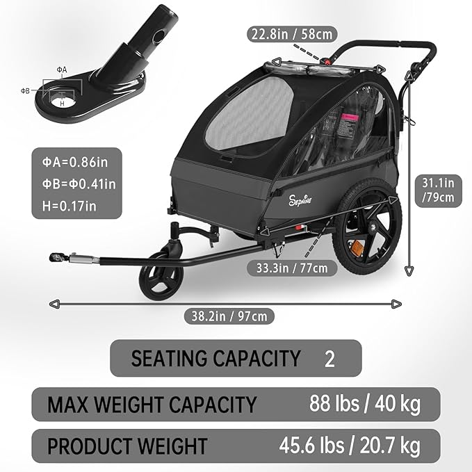 Sepnine Kids Bike Trailer, 2 in1 Canopy Carrier Converts to Stroller Suitable for 1 to 2 Kids, 12+ Months, Quick Attach to Bike, Foldable, with 5-Point Harness and Storage Bags
