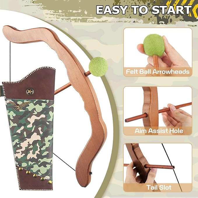 Kids Bow and Arrow Set - Wooden Bow Archery Toy in Camouflage for Ages 3+ with 6 Arrows, 4 Targets, Leather Quiver & Brooch | Indoor/Outdoor Kids Toys for Boys & Girls