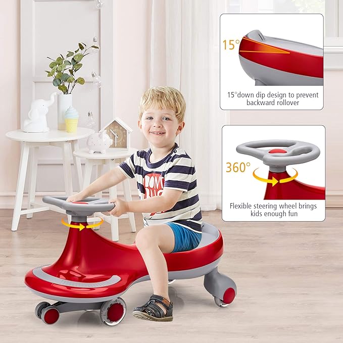 BABY JOY Wiggle Car for Kids, Swing Car with LED Flashing Wheels, No Batteries, Gears or Pedals, Uses Twist, Turn, Wiggle Movement to Steer, Ride-on Toy for Boys Girls 3 Year Old and Up (Red)