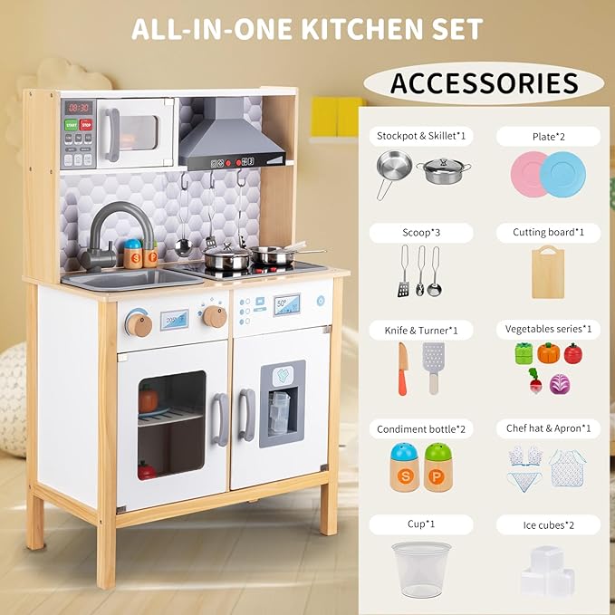 Wooden Play Kitchen for Kids – Pretend Play Kitchen Set with Cooking Accessories, Real Lights & Sounds | Chef Pretend Kitchen Playset for Toddlers, Wooden Kitchen Set with 6 Pcs Toy Food