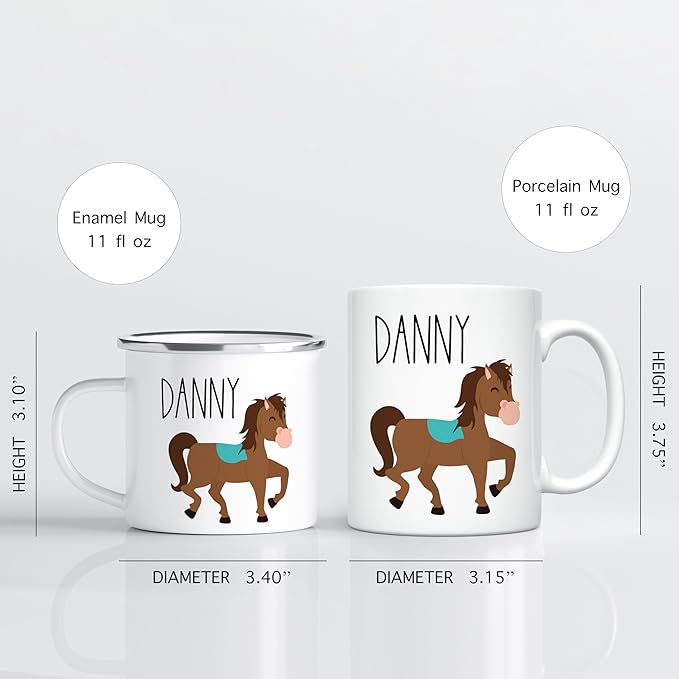 Personalized Mug for Kids, Boys, Girls | Customized Cocoa, Hot Chocolate, Coffee & Milk Cup | Custom Name Birthday Gift Party Favors | 11 Oz Stainless Steel Camping Mug Unbreakable | Horse