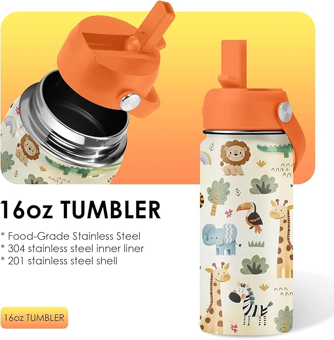 16oz Kids Wild Animal Water Bottle with Straw Lid, Stainless Steel Insulated Tumbler, Leakproof, BPA-Free, for Boys & Girls, Travel - Forest Friends Nature Lovers Birthday Gift Cup (1pc)