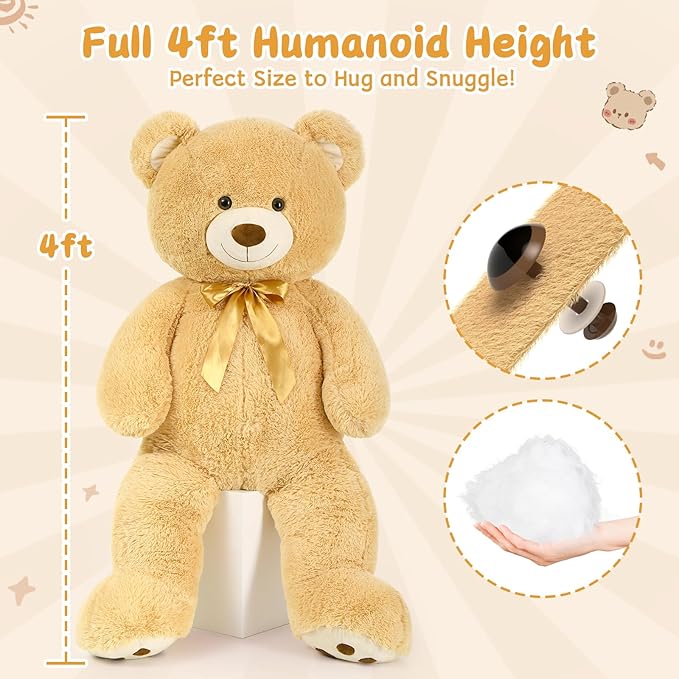 MorisMos 47inch Giant Teddy Bear Stuffed Animal 4ft, Large Teddy Bear Plush, Big Stuffed Bear Gifts for Kids, Girls, Girlfriend, Women on Baby Shower, Valentine, Christmas, Birthday (Light Brown