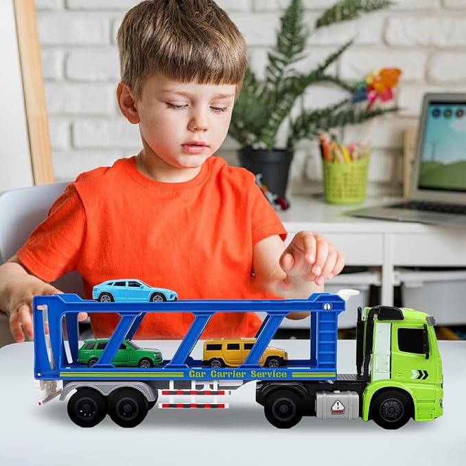 Alomejor Truck Toy, Double Deck Transport Truck with 4 Race Cars Music Light Friction Powered for Kids Boys Toddlers Vehicle Play Set