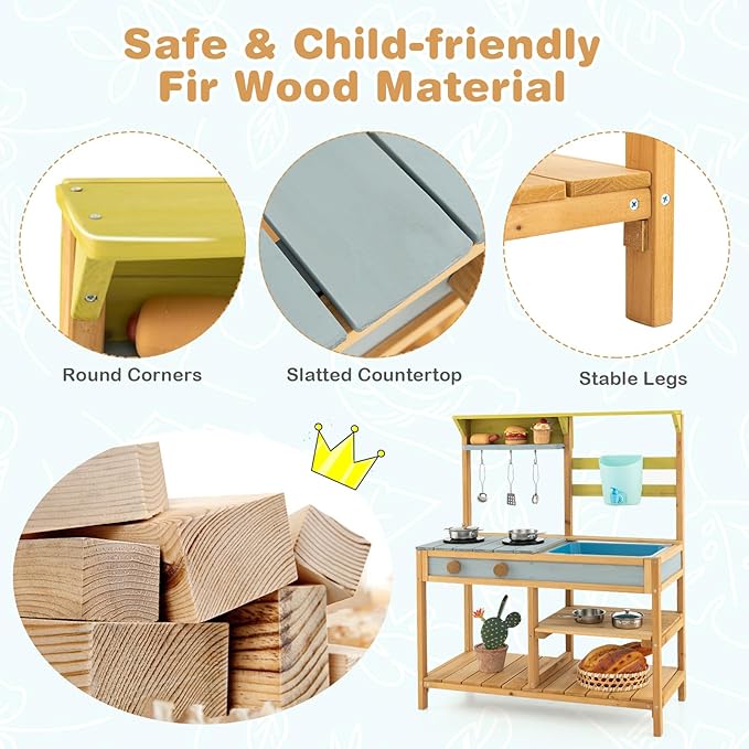 Costzon Wooden Kids Play Kitchen, Outdoor Mud Kitchen with Removable Sink, Water Box & Faucet, Stove Top, Storage Shelves, Fun Backyard Pretend Kitchen Playset for Boys Girls 3+ (Blue)