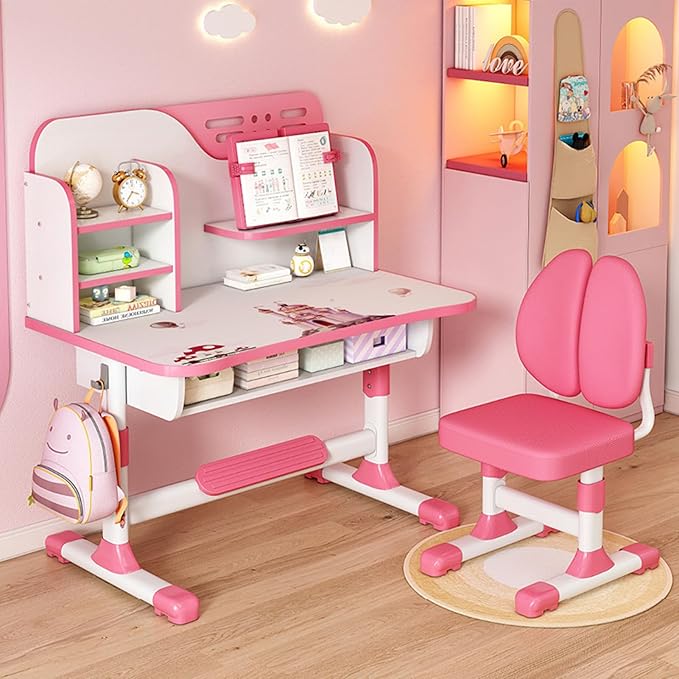 Kids Study Table and Chair Set, Adjustable Art Desk Girls Desk for Bedroom,Study Table with Large Writing Board Bookshelf and Drawer (Pink)
