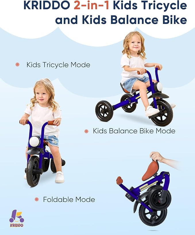 KRIDDO 2-in-1 Kids Balance Bike and Kids Tricycle for 2 to 5 Year Old, Toddler Balance Bike with Detachable Pedals, Tricycles for 3-5 Year Olds with Stitched Soft Grip, Blue