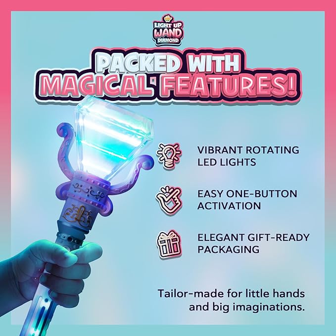 IPIDIPI TOYS Light Up Spinning Diamond Wand, Rotating Magic Princess Toy - Party Favors, Gift Set, Birthday Surprises - Sensory Pretend Play Fairy Wand for Kids Girls and Boys