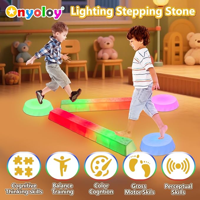 Kids Light Up Balance Beam - 3 Stepping Stones and 2 Balance Beams with 7 LED Light Colors for Active Play for Toddlers Ages 3+, Gymnastics Toy Set for Home/Playground/Party.