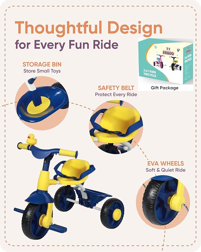 KRIDDO 2 in 1 Kids Tricycles Age 18 Month to 3 Years, EVA Wheels Upgraded Trikes Gift for Toddlers 2 to 3 Year Old with Push Handle and Duck Bell, Blue