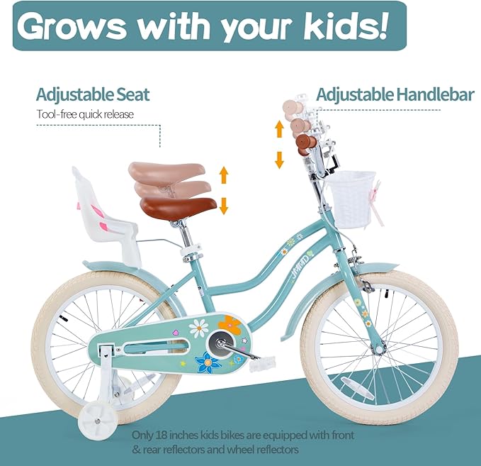 JMMD Girls Bike for 4-12 Years Old Kids, 12 14 16 18 20 24 Kids Bike with Training Wheels, Basket and Doll Seat, Toddler Girls Bicycles with Handbrake & Kickstand, Multiple Colors