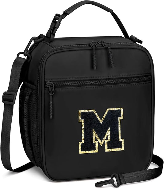 Initial Insulated Lunch Bag for Boys Kids, Back to School Gift, Reusable Leak-proof Lunch Box with Adjustable Strap for School Daycare Travel Picnic（Black，M）